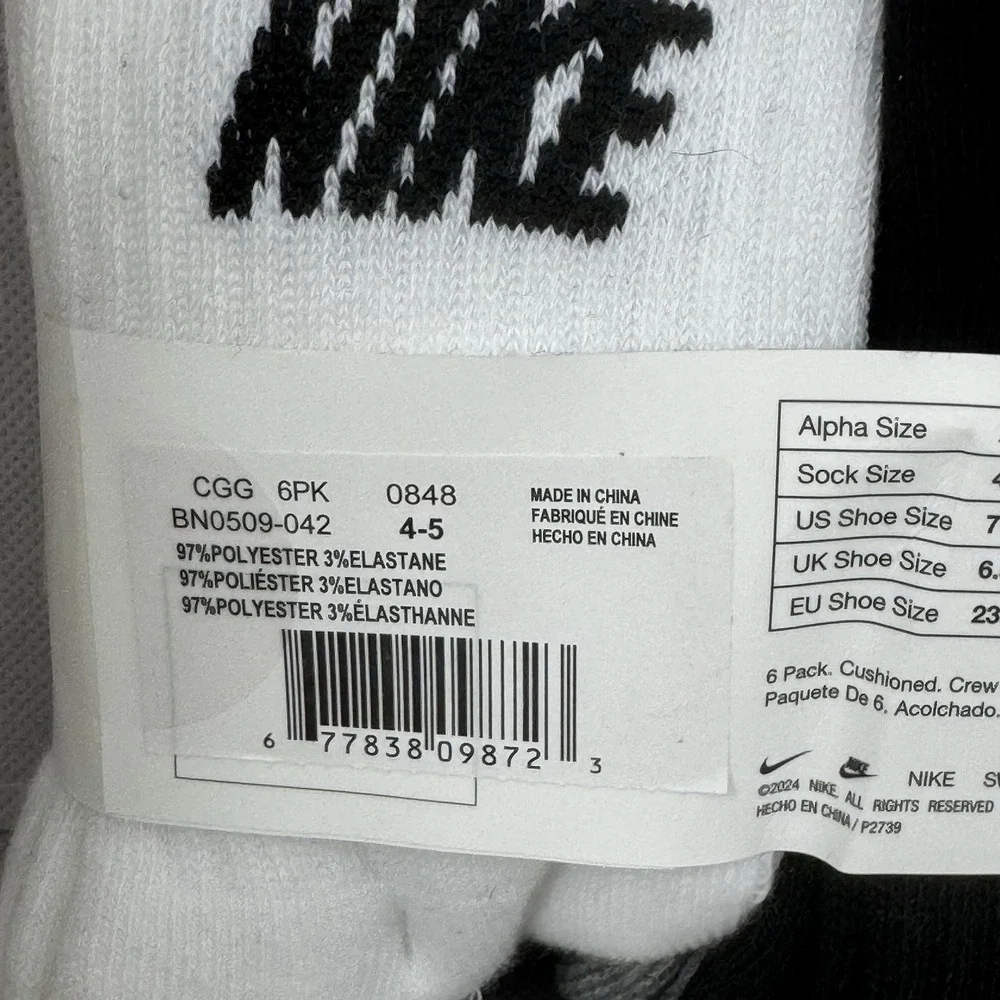 Nike Kids Crew Socks 6 Pairs Cushioned White Black Grey XXS 7C-10C BN0509-042